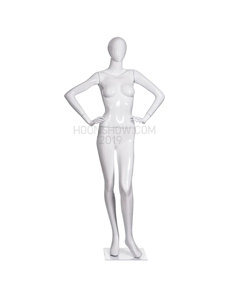 หุ่นไฟเบอร์เต็มตัว หญิง หน้าอวกาศ สีขาวเงา ฐานเหล็ก ไม่เจาะน่อง -W006