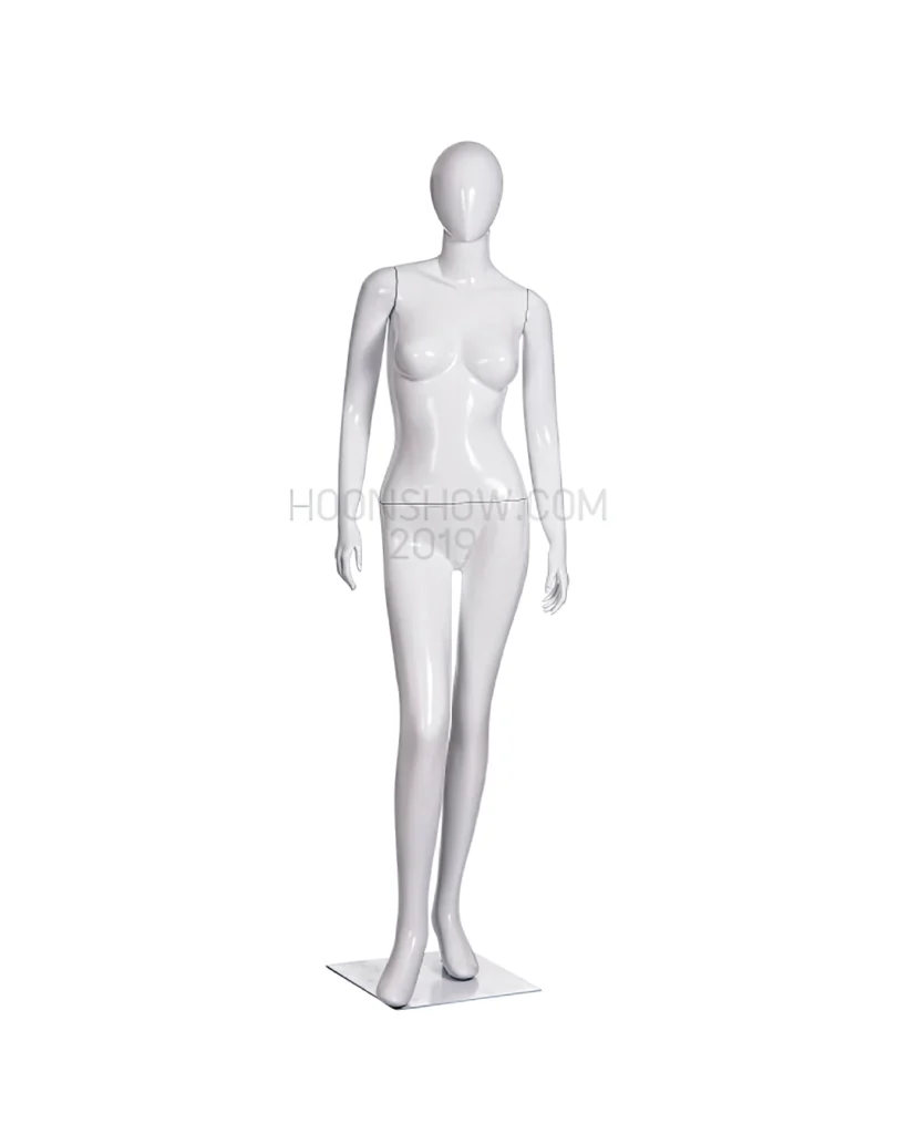 หุ่นไฟเบอร์เต็มตัว หญิง หน้าอวกาศ สีขาวเงา ฐานเหล็ก ไม่เจาะน่อง -W009
