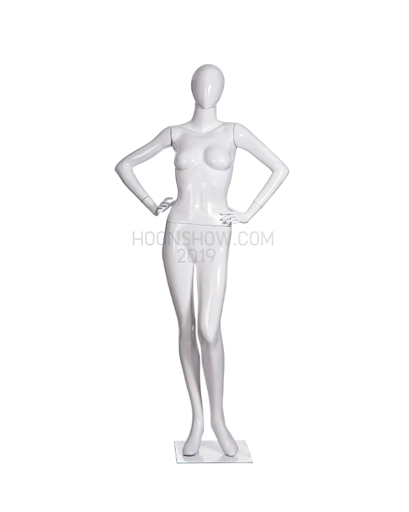 หุ่นไฟเบอร์เต็มตัว หญิง หน้าอวกาศ สีขาวเงา ฐานเหล็ก ไม่เจาะน่อง -W015