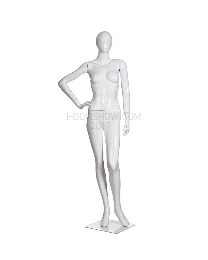 หุ่นไฟเบอร์เต็มตัว หญิง หน้าอวกาศ สีขาวเงา ฐานเหล็ก ไม่เจาะน่อง -W016